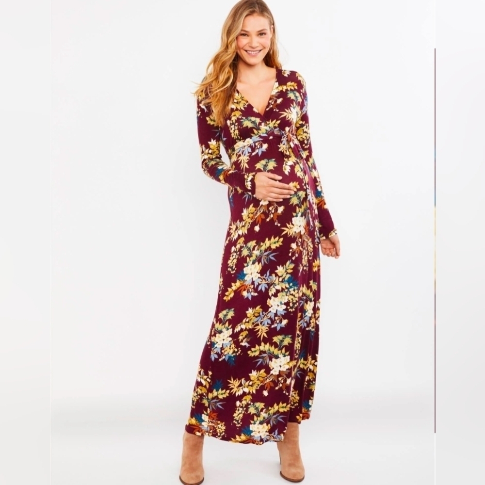 XL • Jessica Simpson Maternity •Floral Surplice Faux Wrap Long Sleeve Maxi Dress